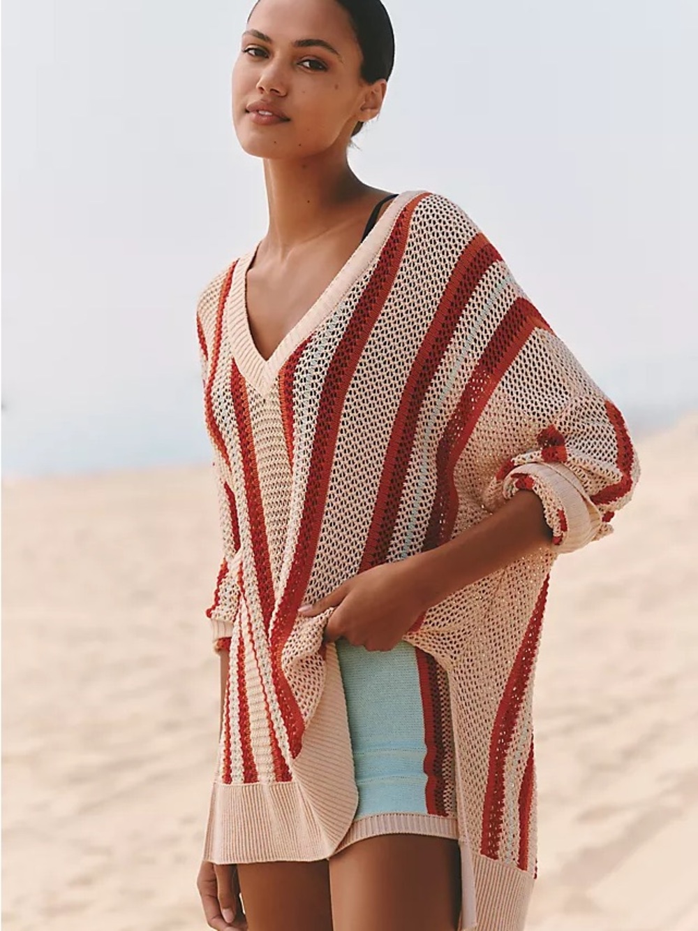 Celandine Anthropologie XS Open Knit Striped V-Neck Sweater Cotton Blend